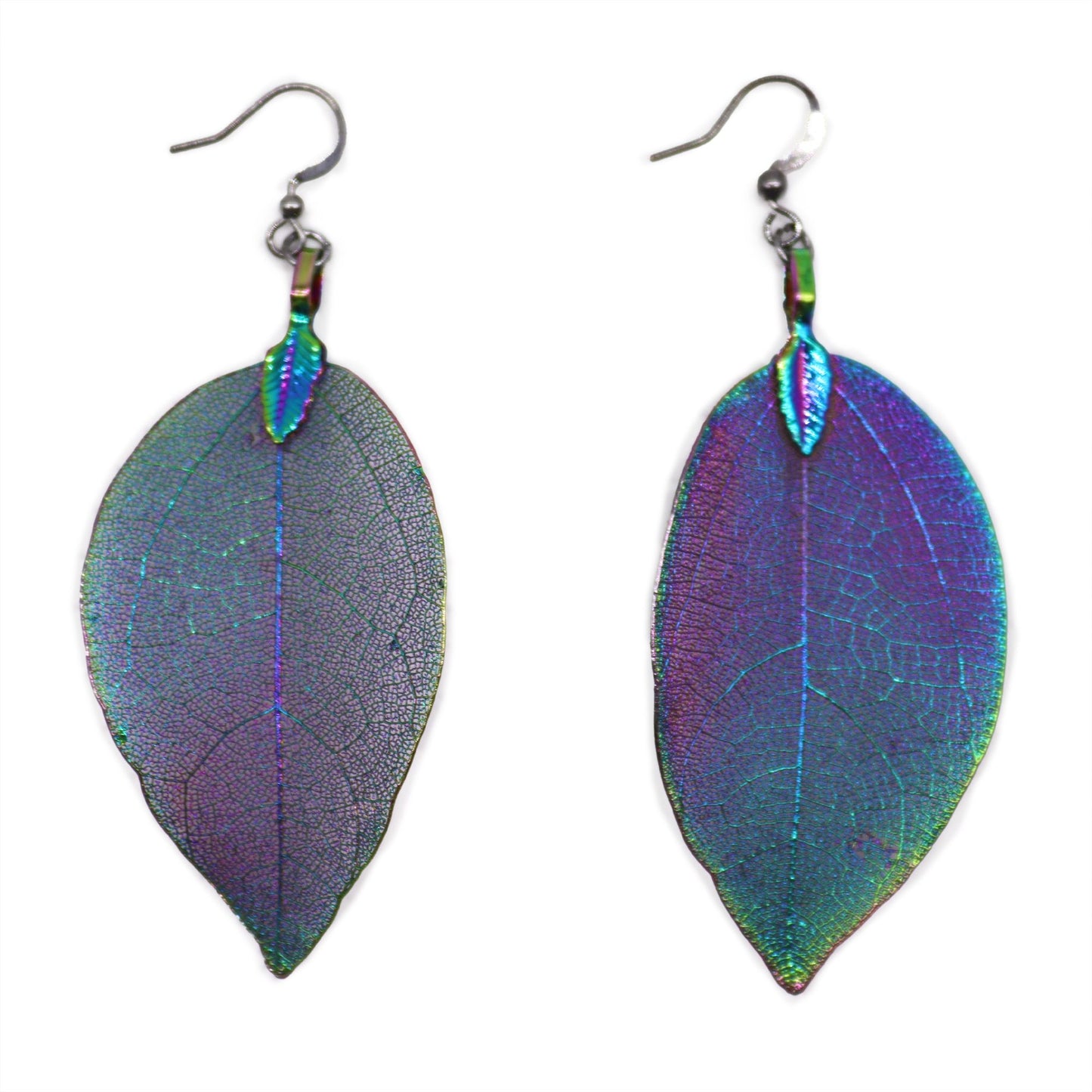 Boucles d'Oreilles Feuille Dorée - Vraie Feuille Électroplaquée Arc-en-Ciel