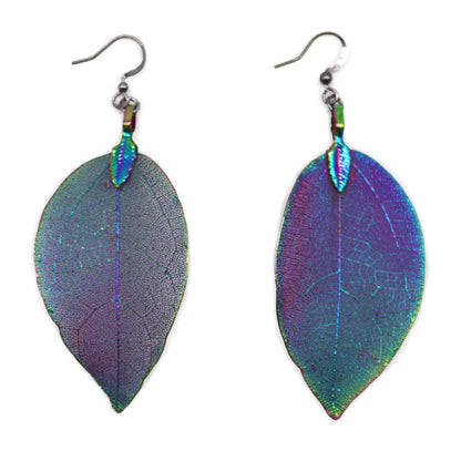 Boucles d'Oreilles Feuille Dorée - Vraie Feuille Électroplaquée Arc-en-Ciel