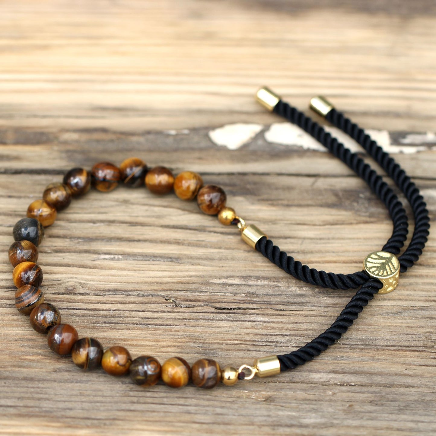 Bracelet Œil de Tigre Cordon Noir - Plaqué Or 18K Réglable – photo 3