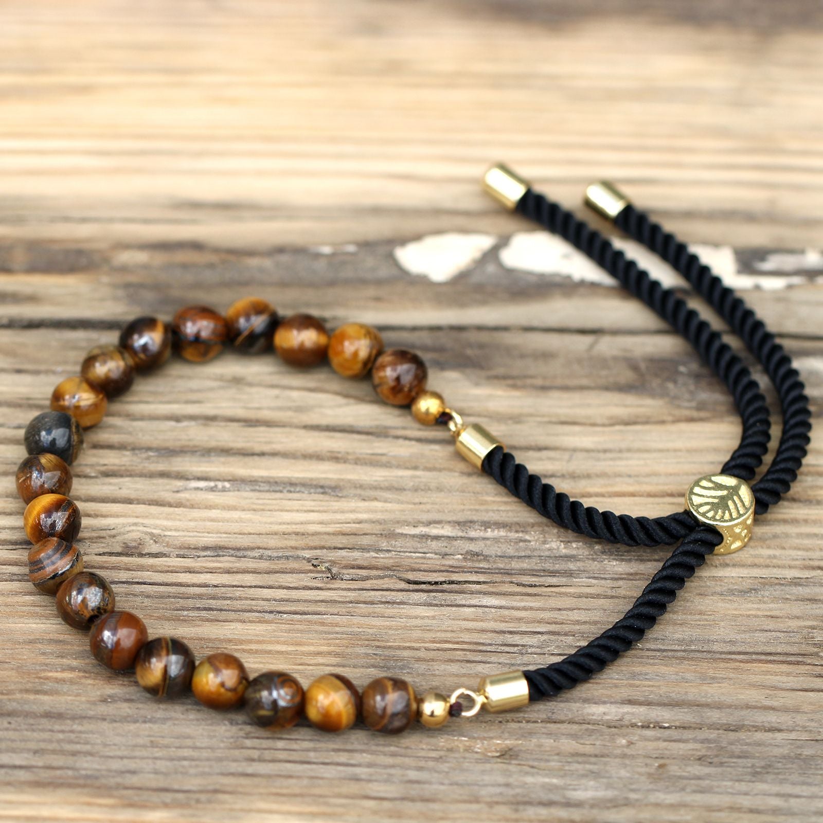 Bracelet Œil de Tigre Cordon Noir - Plaqué Or 18K Réglable – photo 3