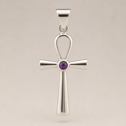 Pendentif Ankh Croix de Vie - Argenté & Pierre Violette