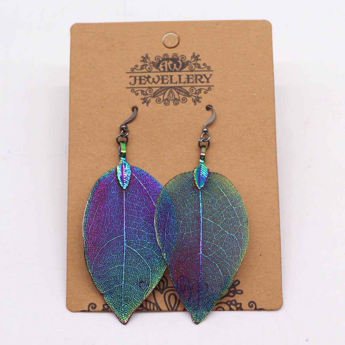 Boucles d'Oreilles Feuille Dorée - Vraie Feuille Électroplaquée Arc-en-Ciel – photo 2