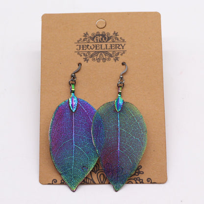 Boucles d'Oreilles Feuille Dorée - Vraie Feuille Électroplaquée Arc-en-Ciel – photo 2