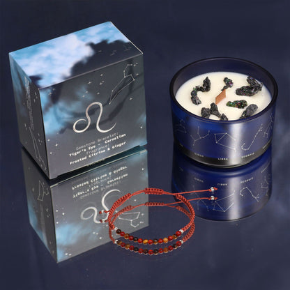 Bougie Lion en pot bleu à constellations, sa boîte et bracelet œil de tigre cornaline