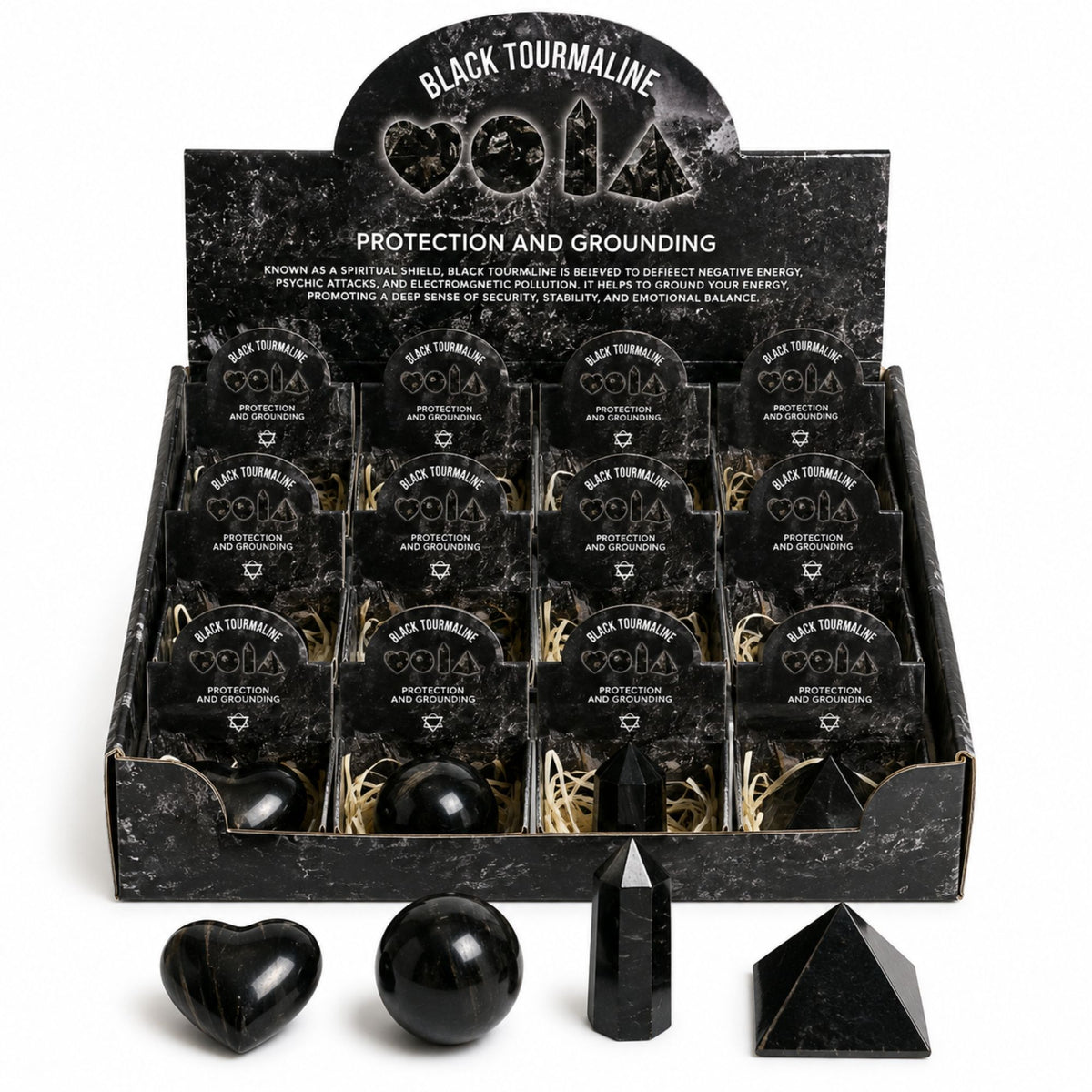 Set de 4 formes en Tourmaline noire - cœur, sphère, obélisque, pyramide