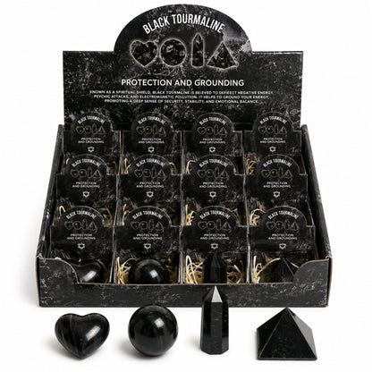 Set de 4 formes en Tourmaline noire - cœur, sphère, obélisque, pyramide