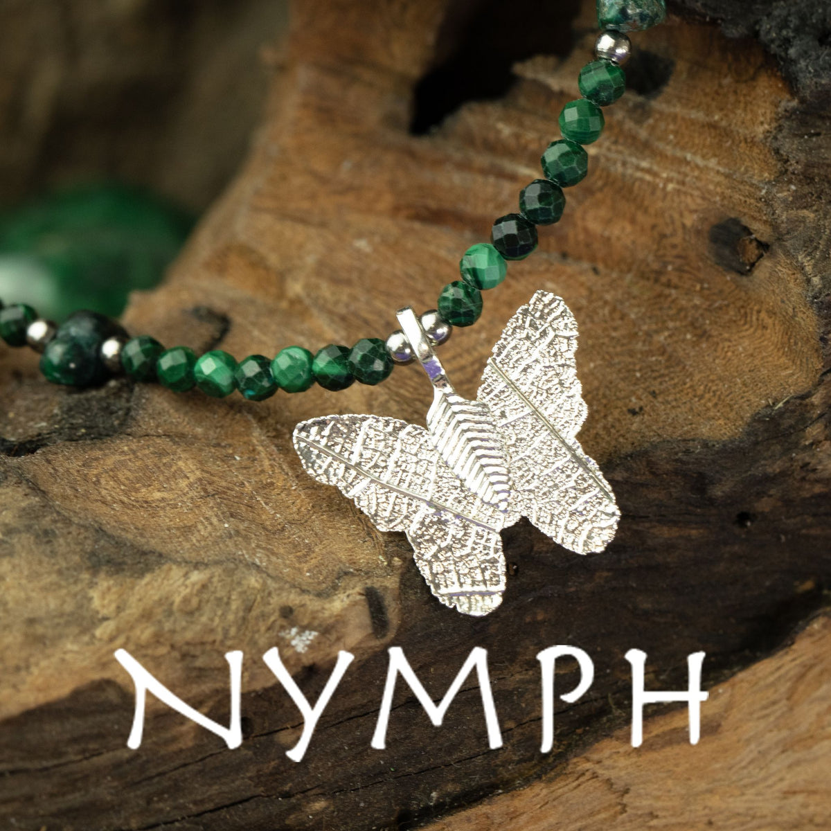 Collier Malachite — Papillon en Vraie Feuille Argentée - photo 2