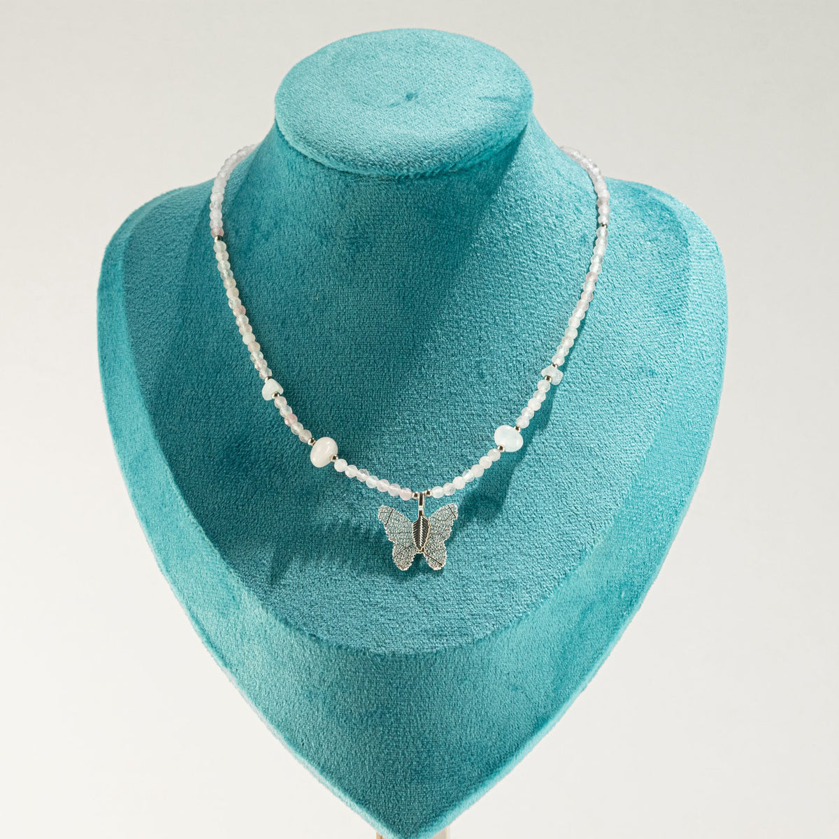 Collier Quartz Rose — Papillon en Vraie Feuille Argentée - photo 6