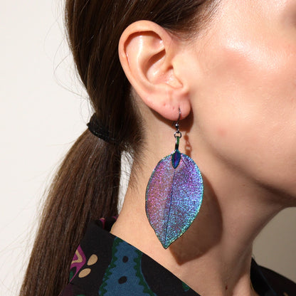 Boucles d'Oreilles Feuille Dorée - Vraie Feuille Électroplaquée Arc-en-Ciel – photo 4
