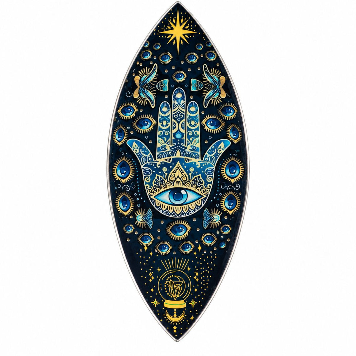 Coupelle à encens émaillée bleu nuit ornée d'une main de Hamsa et d'yeux bleus