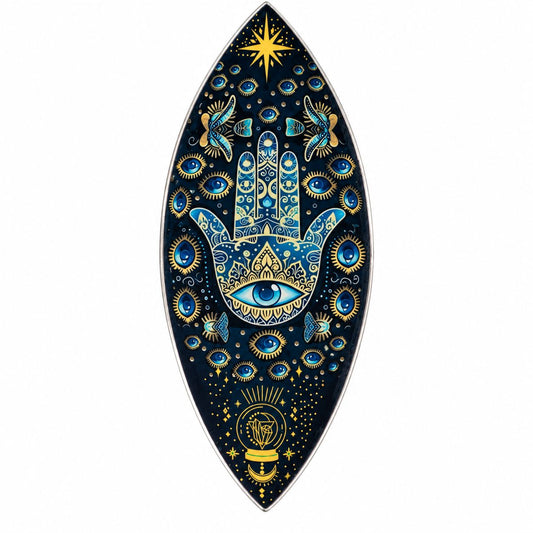 Coupelle à encens émaillée bleu nuit ornée d'une main de Hamsa et d'yeux bleus