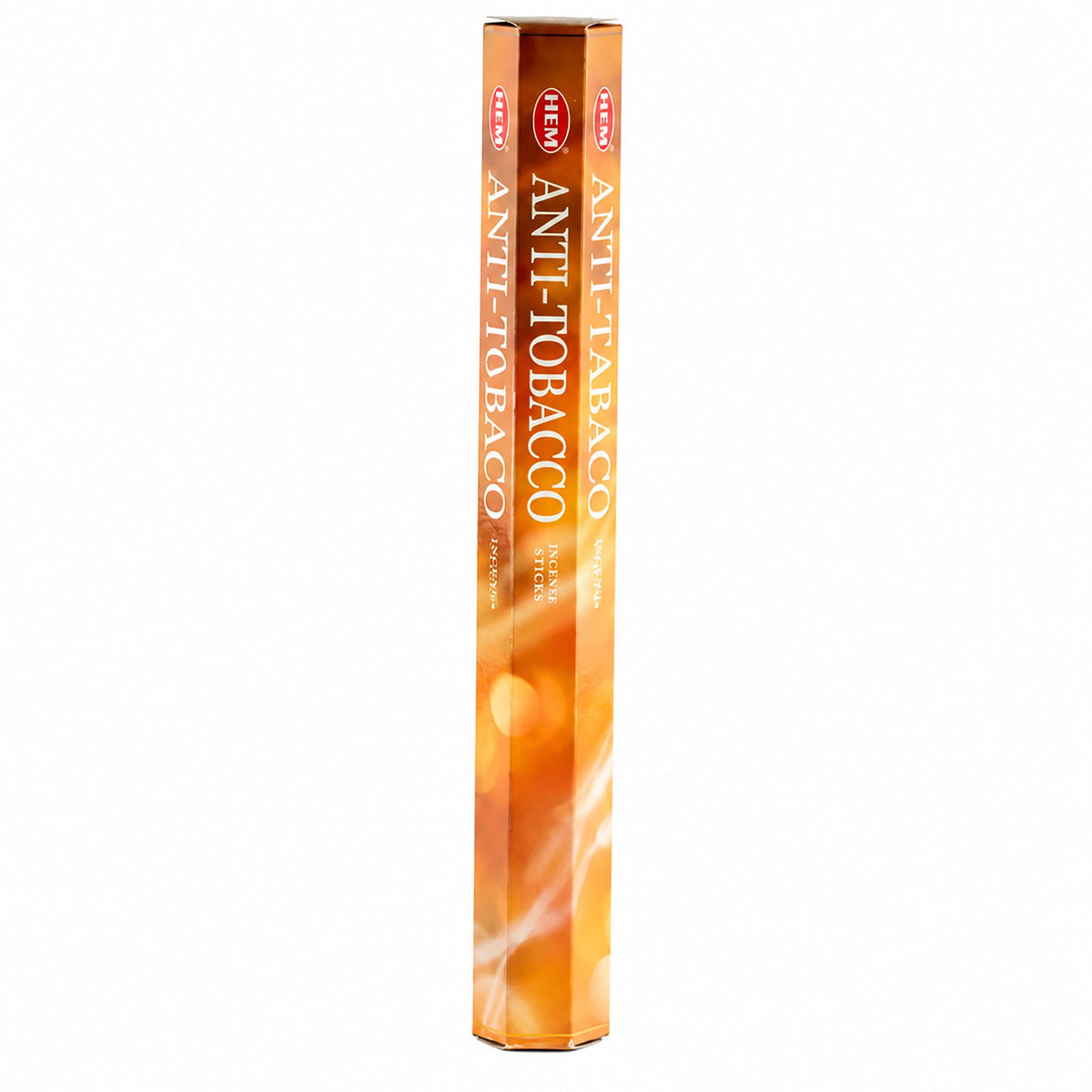 Boîte hexagonale orangée d'encens HEM Anti-Tabac en bâtonnets sur fond blanc