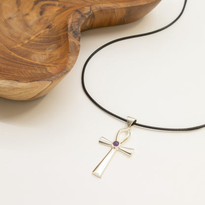Pendentif Ankh Croix de Vie - Argenté & Pierre Violette