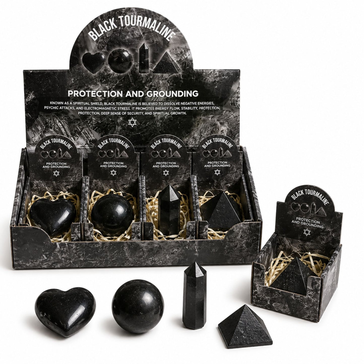 Set de 4 formes en Tourmaline noire - cœur, sphère, obélisque, pyramide