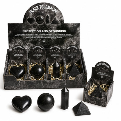 Set de 4 formes en Tourmaline noire - cœur, sphère, obélisque, pyramide