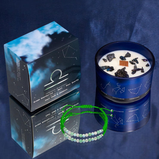 Bougie Balance en pot bleu étoilé avec éclats irisés, boîte et bracelet tressé vert