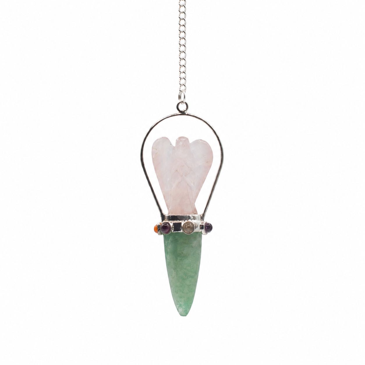 Pendule ange en Quartz rose et Aventurine verte - 7 chakras