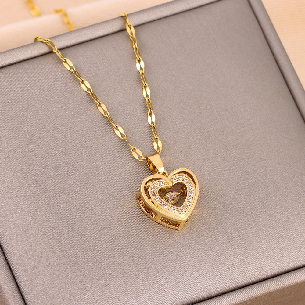 Double-layer Love Necklace With Rhinestones Titanium Steel Pendant Fashion Jewelry Woman Valentines Day Gift - Tatum Cristal