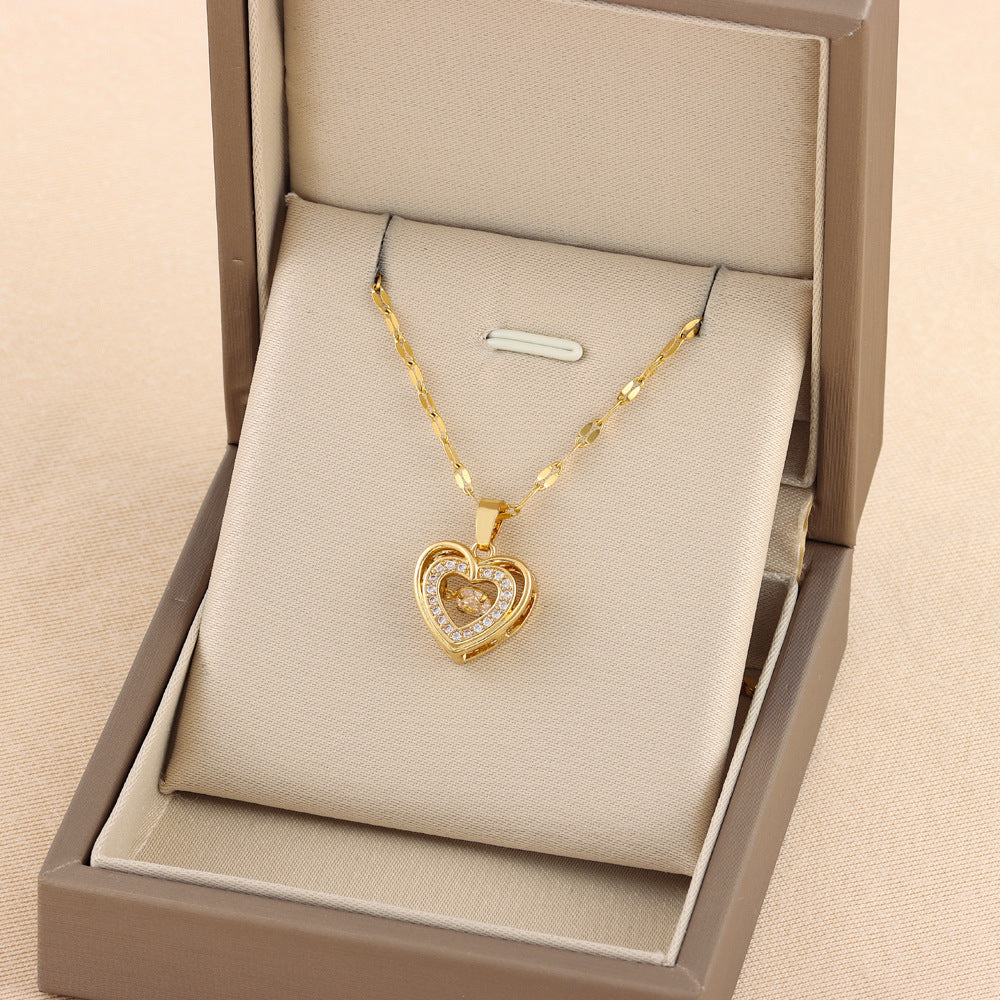 Double-layer Love Necklace With Rhinestones Titanium Steel Pendant Fashion Jewelry Woman Valentines Day Gift - Tatum Cristal