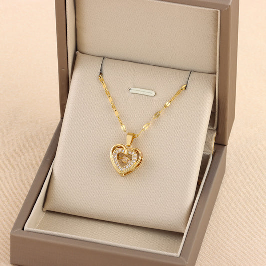 Double-layer Love Necklace With Rhinestones Titanium Steel Pendant Fashion Jewelry Woman Valentines Day Gift - Tatum Cristal