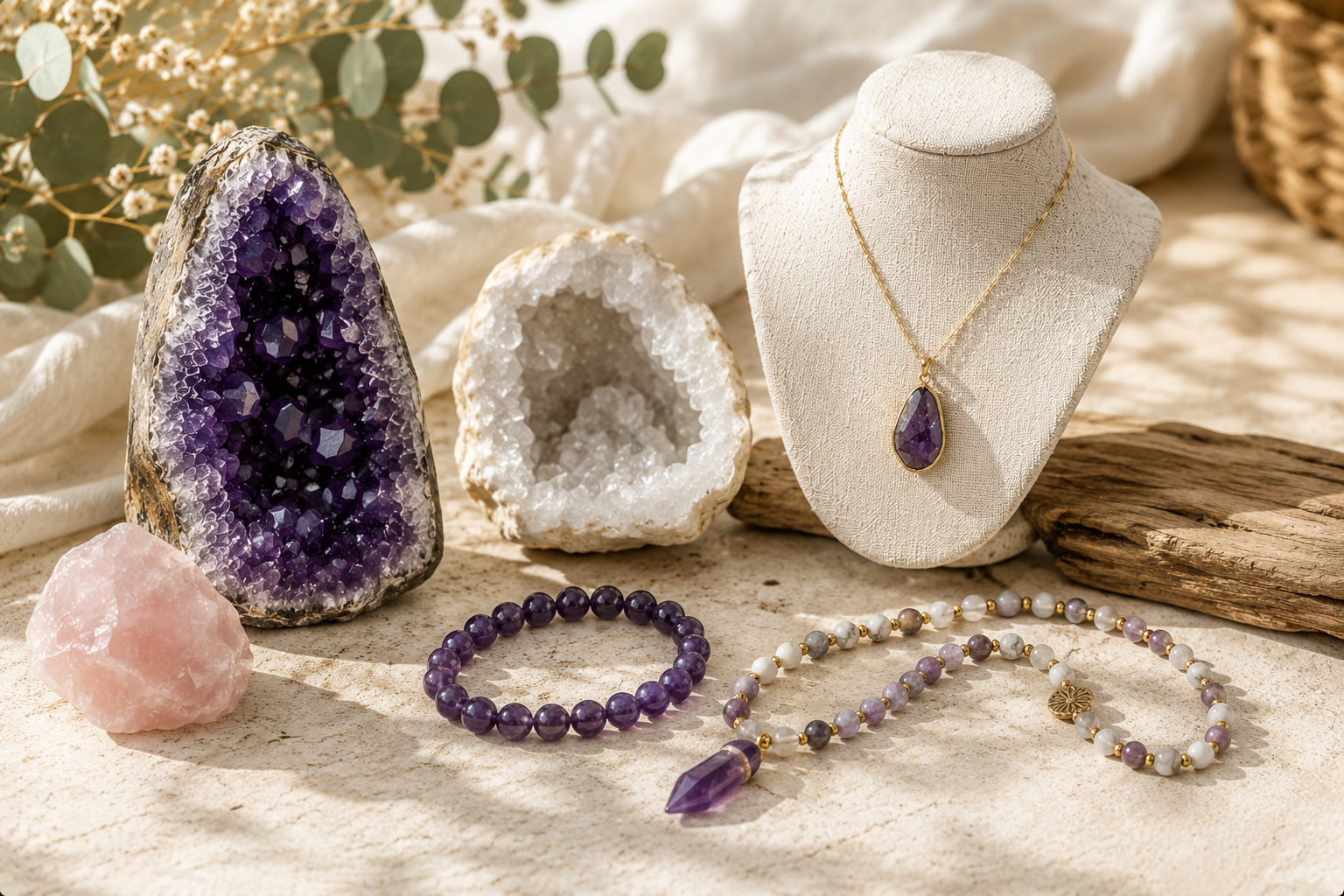 Améthyste, quartz rose et bijoux naturels — Tatum Cristal