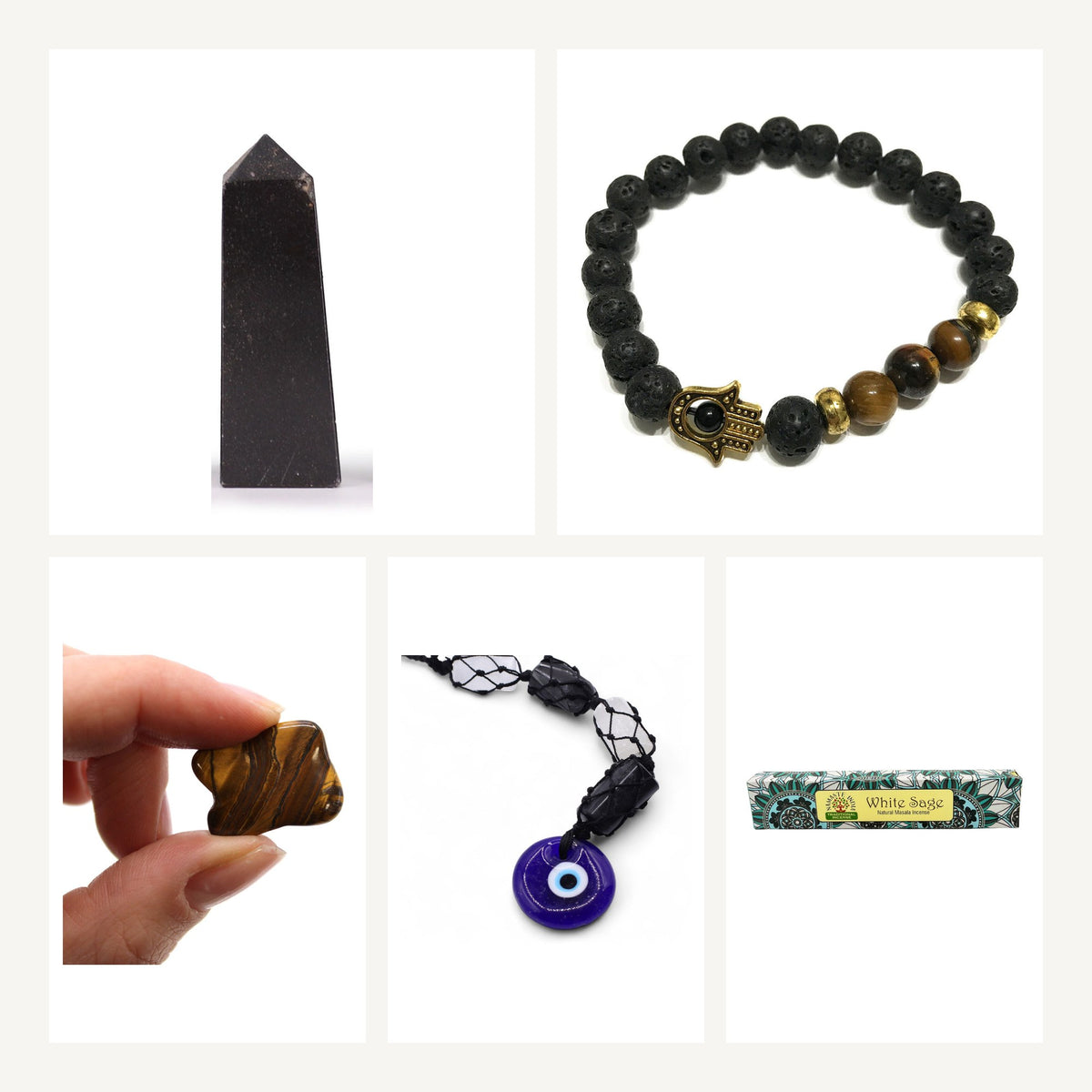 Kit Protection — Tourmaline Noire, Œil de Tigre & Sauge — contenu du kit Tatum Cristal